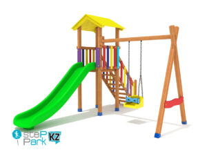 Детский деревянный игровой парк с одной башней и с одной качелей