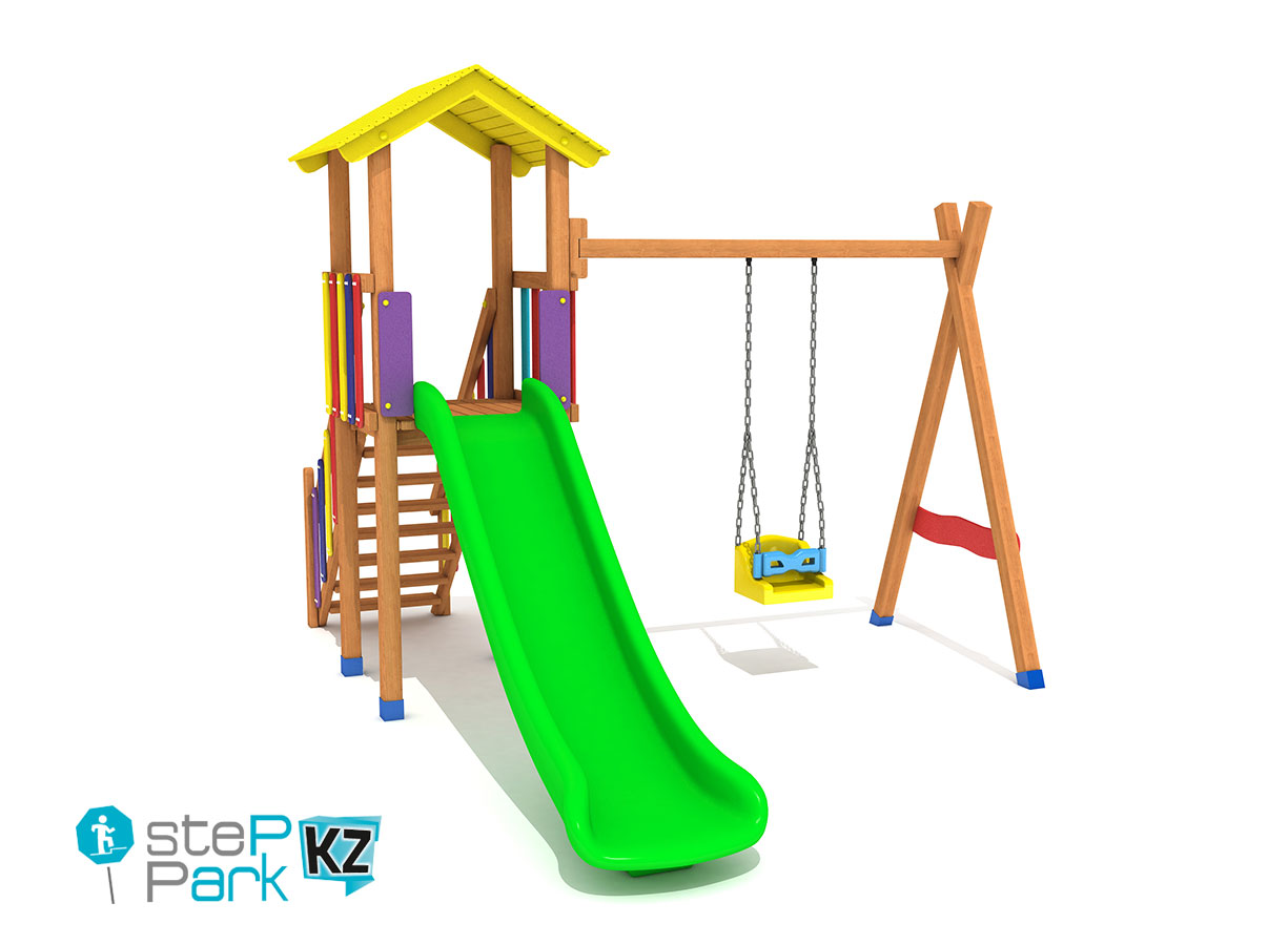 Детский деревянный игровой парк с одной башней и с одной качелей