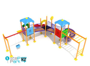 Детский игровой комплекс с тремя горками и качелей и тремя башнями